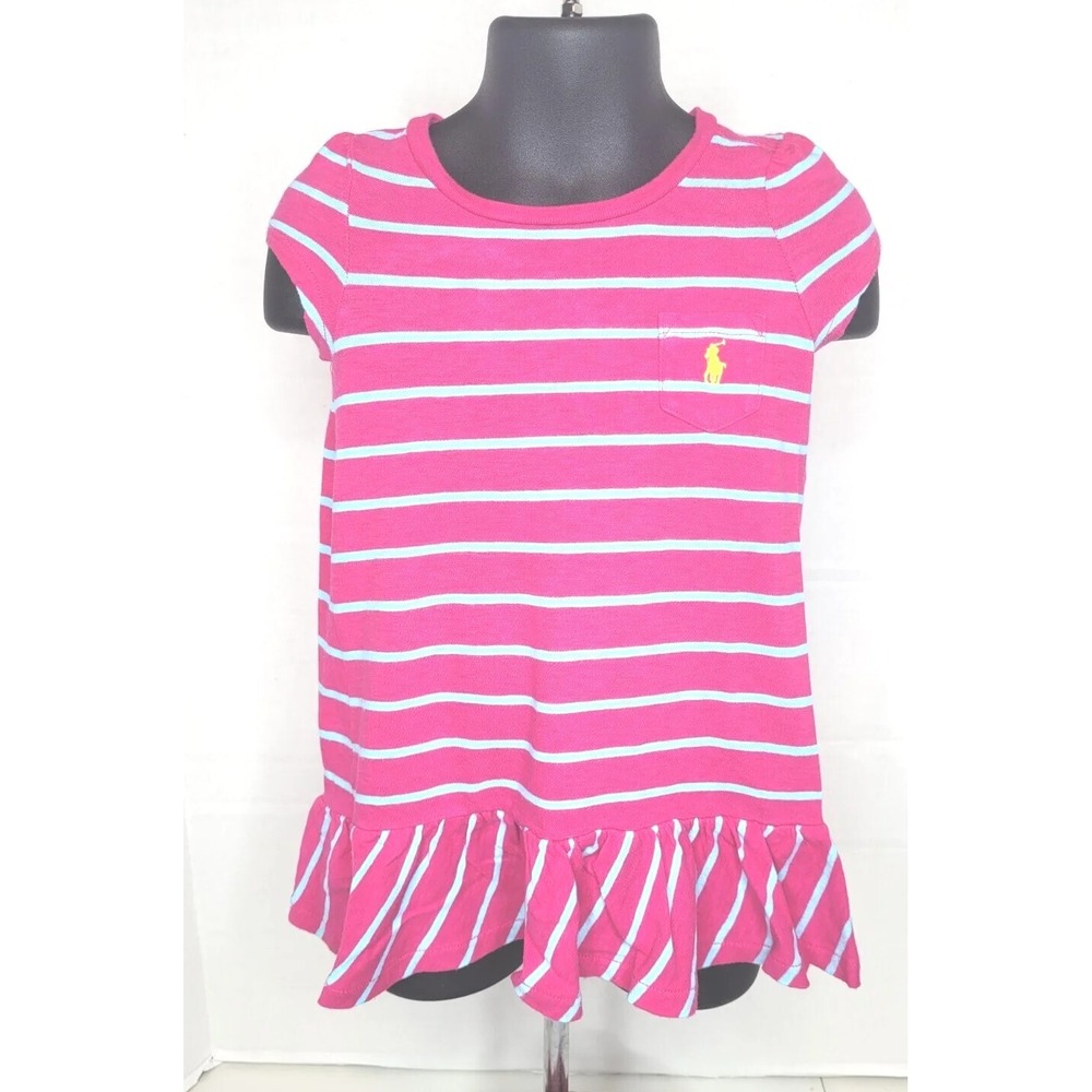 GIRL'S 12 MTHS RALPH LAUREN POLO Bright PINK BLUE STRIPED SS TENNIS DRESS POCKET